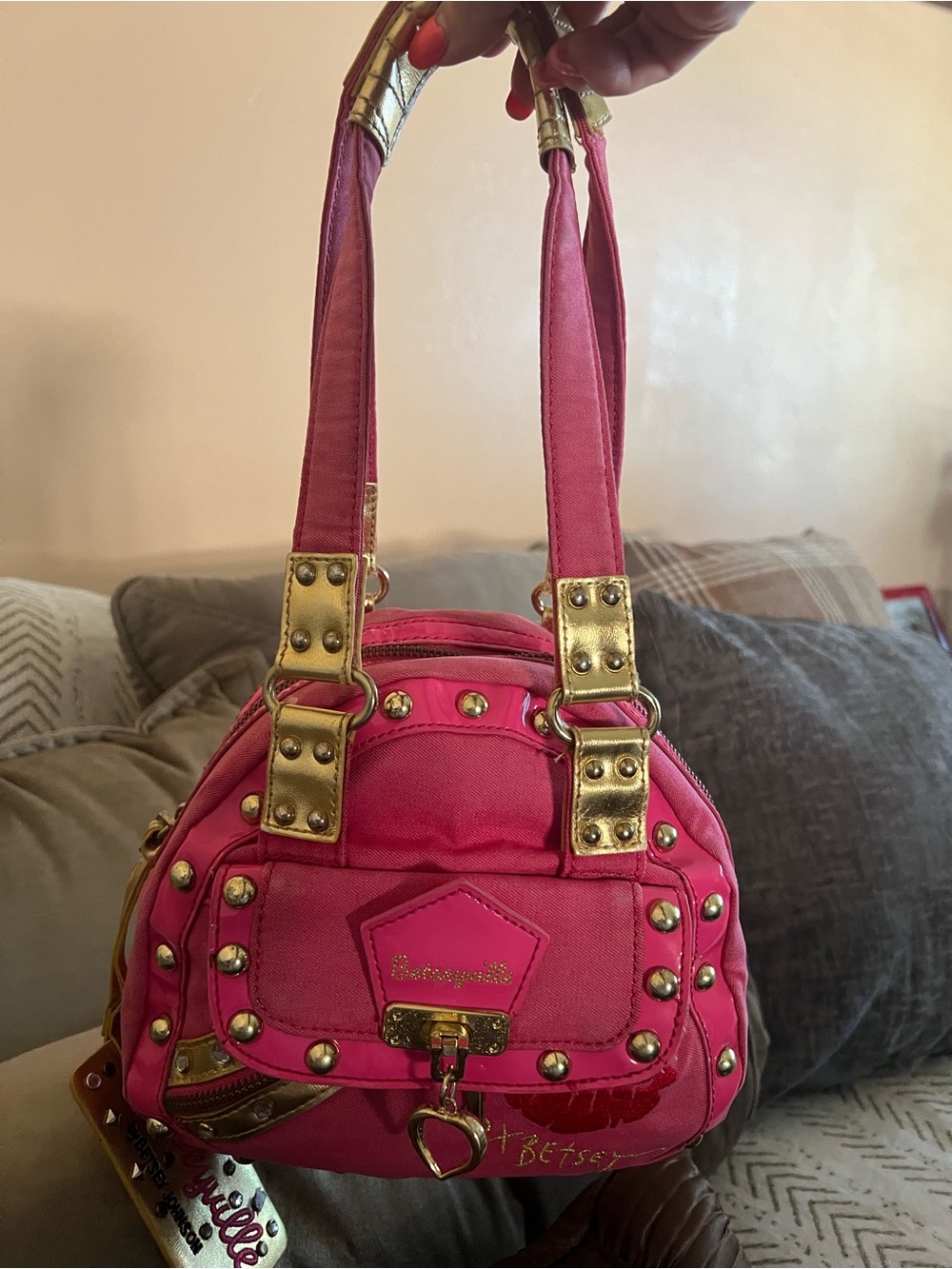 Betsey Johnson Hot Pink Mini Satchel with Gold Studs